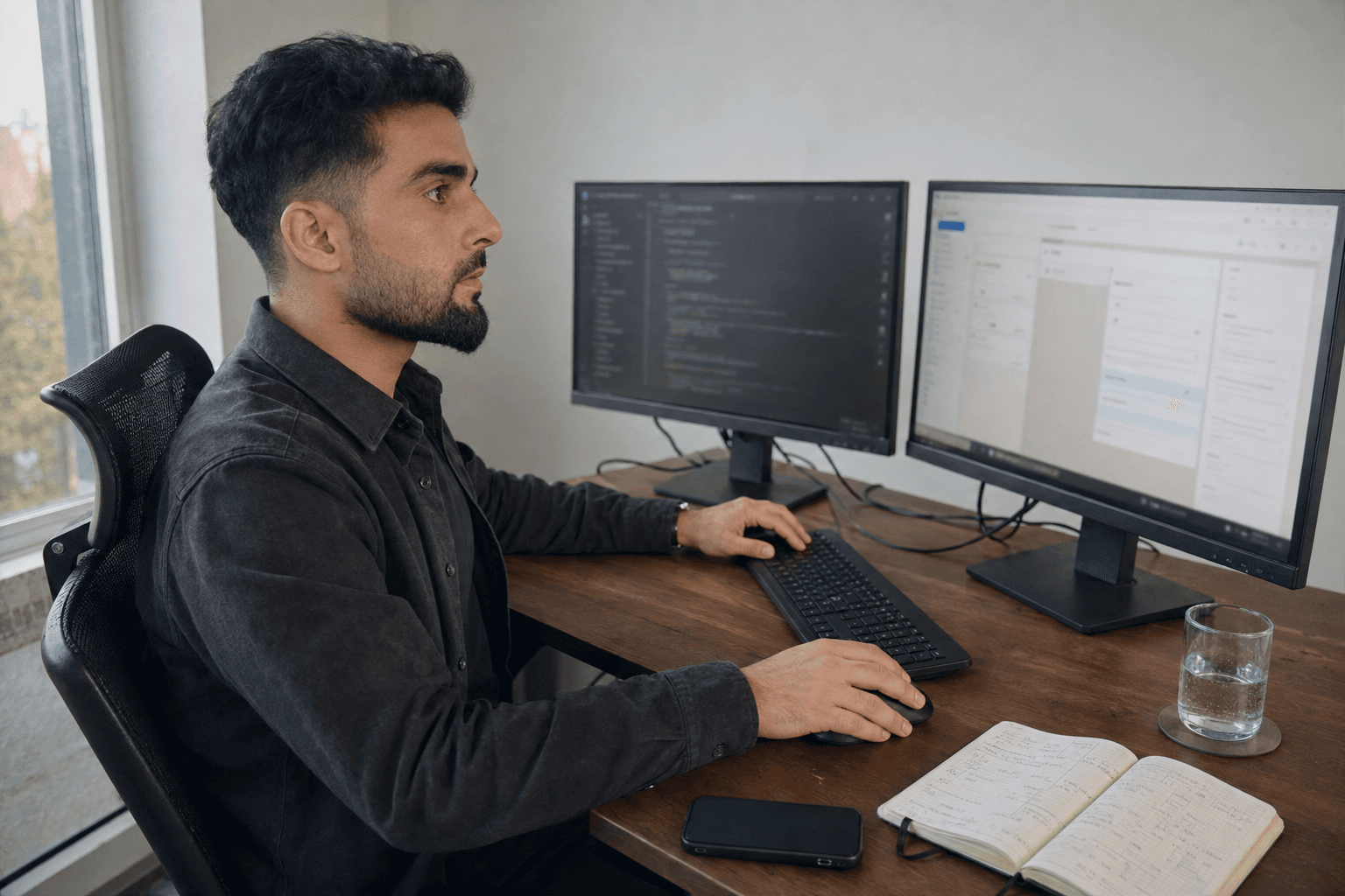 Suhaib Qanooni debugging software at a dual-monitor workstation