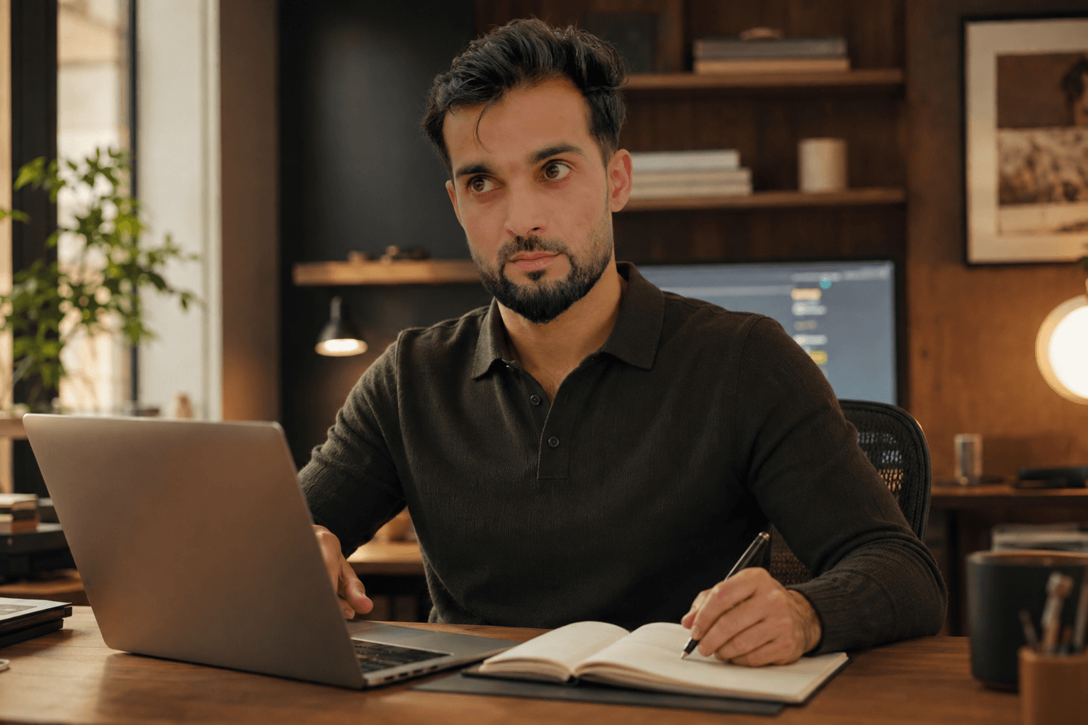 Suhaib Qanooni reviewing software work at his desk